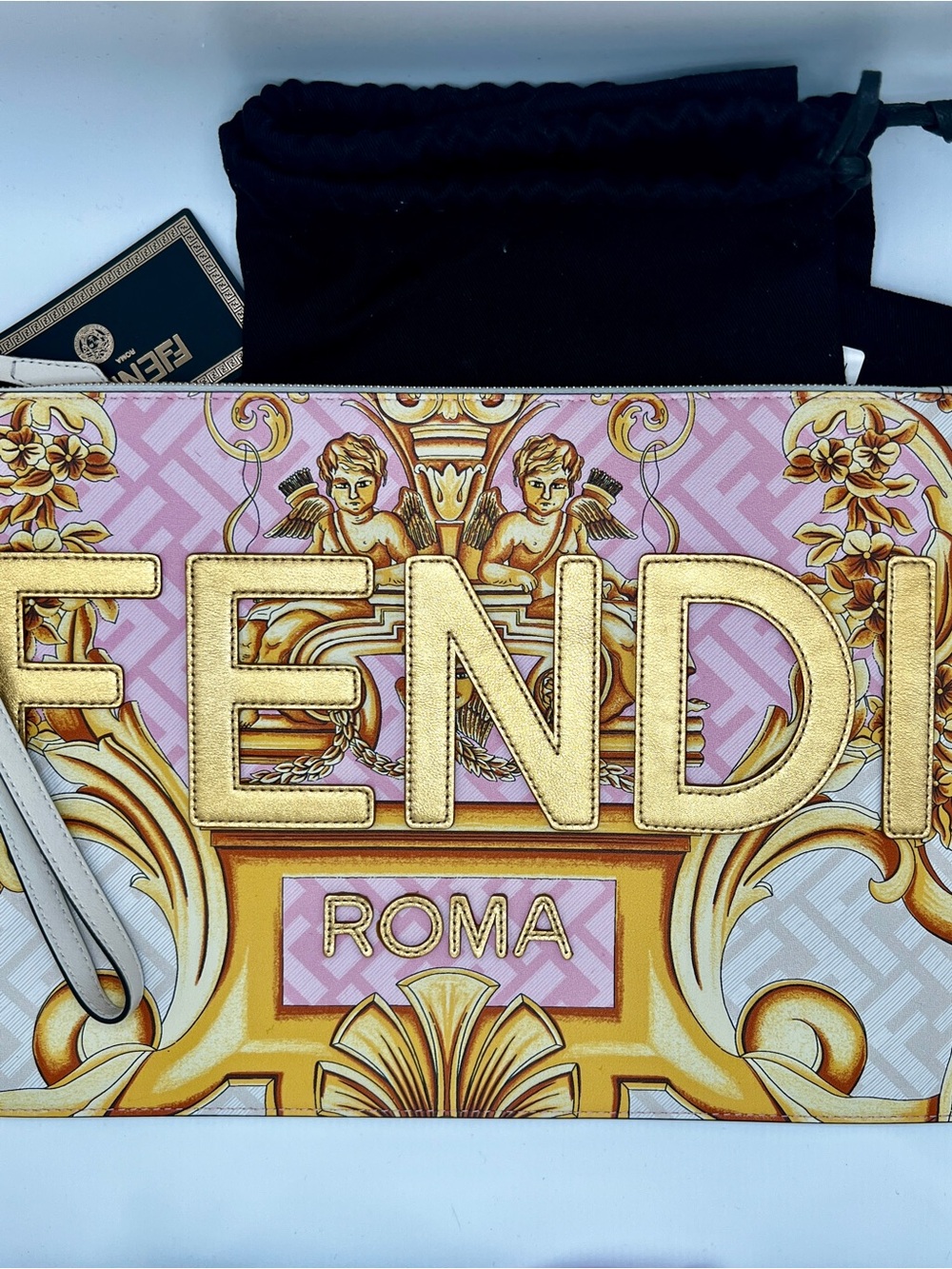 Fendace Flat Pouch Pink and Gold Baroque Roma Clutch